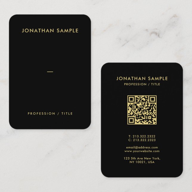 Custom Gold Font QR Code Black Premium Silk Mighty Business Card (Front/Back)