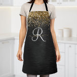 Custom Gold Glitter Black Sparkle Monogram Apron<br><div class="desc">Easily personalize this trendy elegant apron design featuring pretty gold sparkling glitter on a black brushed metallic background.</div>