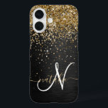 Custom Gold Glitter Black Sparkle Monogram iPhone 16 Case<br><div class="desc">Easily personalize this trendy elegant phone case design featuring pretty gold sparkling glitter on a black brushed metallic background.</div>