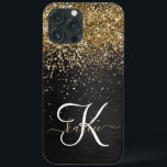 Custom Gold Glitter Black Sparkle Monogram iPhone 13 Pro Max Case<br><div class="desc">Easily personalize this trendy elegant phone case design featuring pretty gold sparkling glitter on a black brushed metallic background.</div>