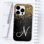 Custom Gold Glitter Black Sparkle Monogram Case-Mate iPhone 14 Pro Case<br><div class="desc">Easily personalize this trendy elegant phone case design featuring pretty gold sparkling glitter on a black brushed metallic background.</div>