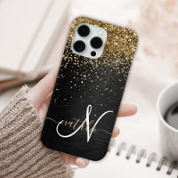 Custom Gold Glitter Black Sparkle Monogram