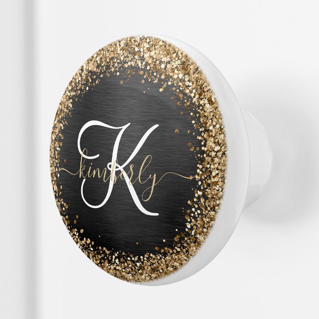 Custom Gold Glitter Black Sparkle Monogram Ceramic Knob (Creator Uploaded)