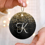 Custom Gold Glitter Black Sparkle Monogram Ceramic Ornament<br><div class="desc">Easily personalize this trendy elegant ornament design featuring pretty gold sparkling glitter on a black brushed metallic background.</div>