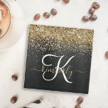 Custom Gold Glitter Black Sparkle Monogram Glass Coaster<br><div class="desc">Easily personalize this trendy elegant glass coaster set design featuring pretty gold sparkling glitter on a black brushed metallic background.</div>