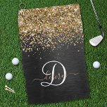 Custom Gold Glitter Black Sparkle Monogram Golf Towel<br><div class="desc">Easily personalize this trendy elegant golf towel design featuring pretty gold sparkling glitter on a black brushed metallic background.</div>