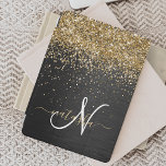 Custom Gold Glitter Black Sparkle Monogram iPad Air Cover<br><div class="desc">Easily personalize this trendy elegant iPad cover design featuring pretty gold sparkling glitter on a black brushed metallic background.</div>