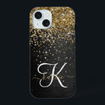 Custom Gold Glitter Black Sparkle Monogram iPhone 15 Case<br><div class="desc">Easily personalize this trendy elegant phone case design featuring pretty gold sparkling glitter on a black brushed metallic background.</div>
