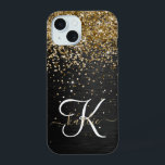 Custom Gold Glitter Black Sparkle Monogram iPhone 15 Case<br><div class="desc">Easily personalize this trendy elegant phone case design featuring pretty gold sparkling glitter on a black brushed metallic background.</div>