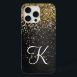 Custom Gold Glitter Black Sparkle Monogram iPhone 15 Pro Max Case<br><div class="desc">Easily personalize this trendy elegant phone case design featuring pretty gold sparkling glitter on a black brushed metallic background.</div>