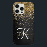 Custom Gold Glitter Black Sparkle Monogram iPhone 15 Pro Max Case<br><div class="desc">Easily personalize this trendy elegant phone case design featuring pretty gold sparkling glitter on a black brushed metallic background.</div>