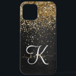 Custom Gold Glitter Black Sparkle Monogram iPhone 12 Pro Max Case<br><div class="desc">Easily personalize this trendy elegant phone case design featuring pretty gold sparkling glitter on a black brushed metallic background.</div>