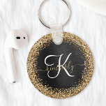 Custom Gold Glitter Black Sparkle Monogram Keychain<br><div class="desc">Easily personalize this trendy elegant keychain design featuring pretty gold sparkling glitter on a black brushed metallic background.</div>