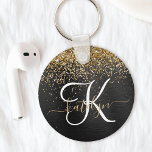 Custom Gold Glitter Black Sparkle Monogram Keychain<br><div class="desc">Easily personalize this trendy elegant keychain design featuring pretty gold sparkling glitter on a black brushed metallic background.</div>