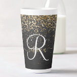 Custom Gold Glitter Black Sparkle Monogram Latte Mug<br><div class="desc">Easily personalize this trendy elegant latte mug design featuring pretty gold sparkling glitter on a black brushed metallic background.</div>