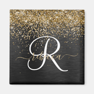 Custom Gold Glitter Black Sparkle Monogram Magnet