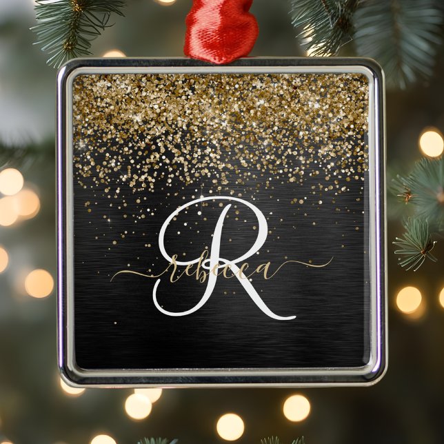 Custom Gold Glitter Black Sparkle Monogram Metal Ornament (Creator Uploaded)