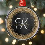 Custom Gold Glitter Black Sparkle Monogram Metal Ornament<br><div class="desc">Easily personalize this trendy elegant ornament design featuring pretty gold sparkling glitter on a black brushed metallic background.</div>