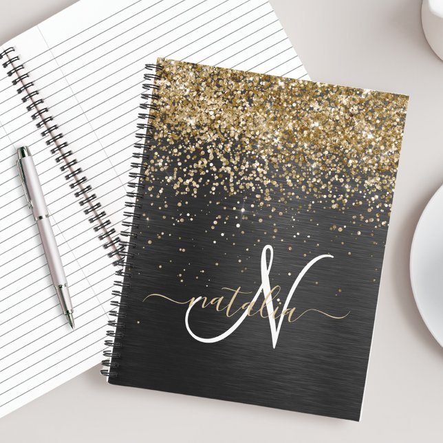 Custom Gold Glitter Black Sparkle Monogram Notebook (Creator Uploaded)