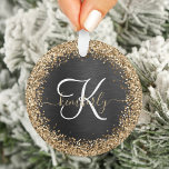 Custom Gold Glitter Black Sparkle Monogram Ornament<br><div class="desc">Easily personalize this trendy elegant ornament design featuring pretty gold sparkling faux glitter on a black brushed metallic background.</div>