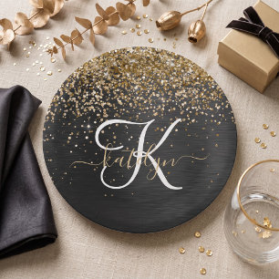 Custom Gold Glitter Black Sparkle Monogram Paper Plate