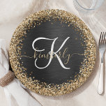 Custom Gold Glitter Black Sparkle Monogram Paper Plate<br><div class="desc">Easily personalize this trendy elegant paper plate design featuring pretty gold sparkling glitter on a black brushed metallic background.</div>