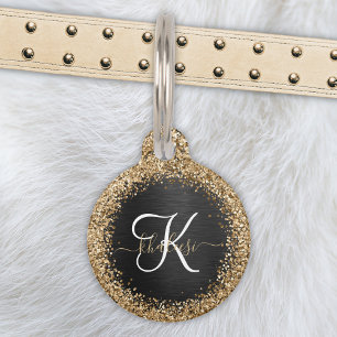 Custom Gold Glitter Black Sparkle Monogram Pet Tag