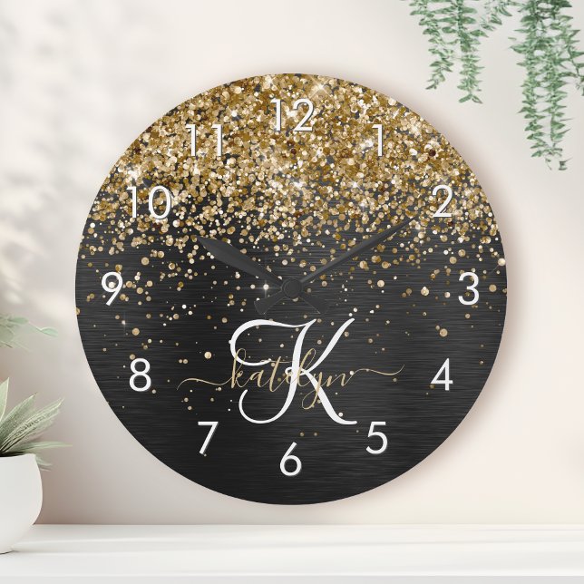 Custom Gold Glitter Black Sparkle Monogram Round Clock (Creator Uploaded)