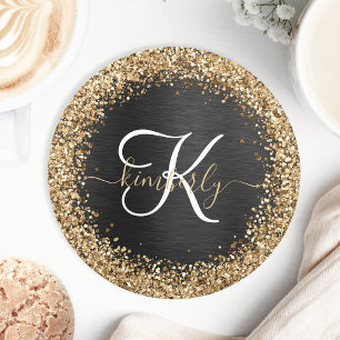 Custom Gold Glitter Black Sparkle Monogram Round Paper Coaster