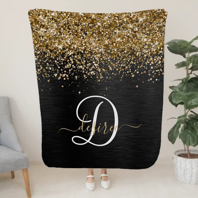 Custom Gold Glitter Black Sparkle Monogram Sherpa Blanket (Creator Uploaded)