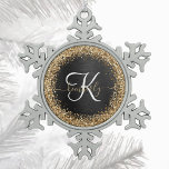 Custom Gold Glitter Black Sparkle Monogram Snowflake Pewter Christmas Ornament<br><div class="desc">Easily personalize this trendy elegant ornament design featuring pretty gold sparkling glitter on a black brushed metallic background.</div>