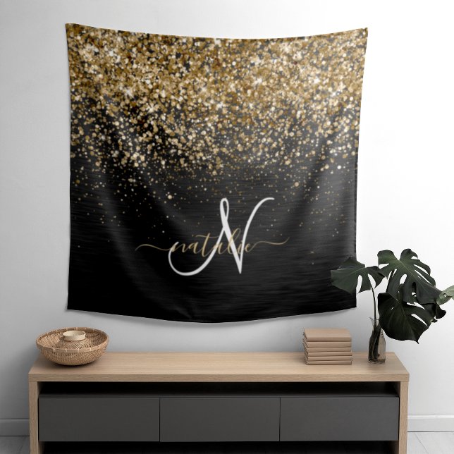 Custom Gold Glitter Black Sparkle Monogram Tapestry (Creator Uploaded)