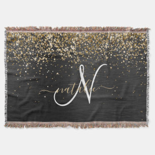Custom Gold Glitter Black Sparkle Monogram Throw Blanket