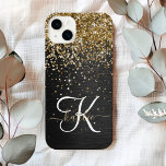 Custom Gold Glitter Black Sparkly Monogrammed iPhone 14 Plus Case<br><div class="desc">Easily personalize this trendy elegant phone case design featuring pretty rose gold sparkling glitter on a black brushed metallic background.</div>