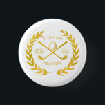 Custom Gold Golf Club Elegant Minimal Modern  1 Inch Round Button<br><div class="desc">Custom gold golf club elegant, modern, minimalist, chic design. Personalized golf club button pin with laurel wreath, two crossed golf clubs, and golf ball. Personalized golf button pin with your logo, name, text, year, etc. Elegant gold golf club button pin personalized gift for golf club, golfer, golf player, team, coach....</div>