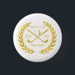 Custom Gold Golf Club Elegant Minimal Modern  1 Inch Round Button<br><div class="desc">Custom gold golf club elegant, modern, minimalist, chic design. Personalized golf club button pin with laurel wreath, two crossed golf clubs, and golf ball. Personalized golf button pin with your logo, name, text, year, etc. Elegant gold golf club button pin personalized gift for golf club, golfer, golf player, team, coach....</div>