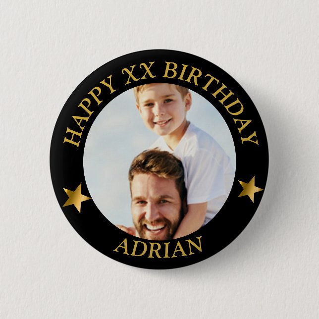  Custom Gold Happy Birthday Photo and Age Name 2 Inch Round Button (Front)