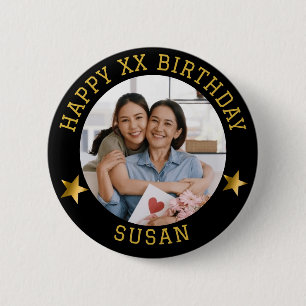  Custom Gold Happy Birthday Photo and Age Name 2 Inch Round Button