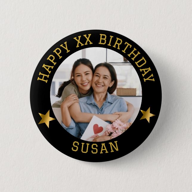  Custom Gold Happy Birthday Photo and Age Name 2 Inch Round Button (Front)