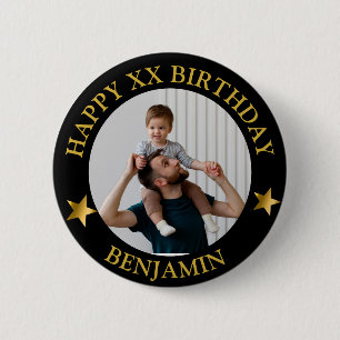  Custom Gold Happy Birthday Photo and Age Name 2 Inch Round Button