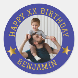 Custom Gold Happy Birthday Photo and Age Name Cla Classic Round Sticker