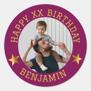 Custom Gold Happy Birthday Photo and Age Name Cla Classic Round Sticker