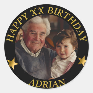 Custom Gold Happy Birthday Photo and Age Name Classic Round Sticker