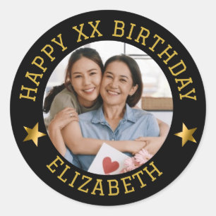 Custom Gold Happy Birthday Photo and Age Name Classic Round Sticker