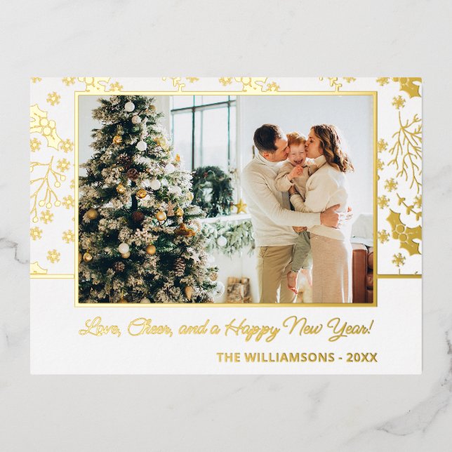 Custom Gold Holly Berry Leaves Snowflakes Pattern Foil Holiday Postcard (Front)
