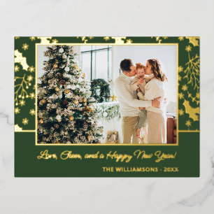 Custom Gold Holly Berry Leaves Snowflakes Pattern Foil Holiday Postcard