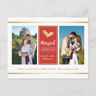 Custom Gold Holly Married Christmas Holiday Photo Postcard