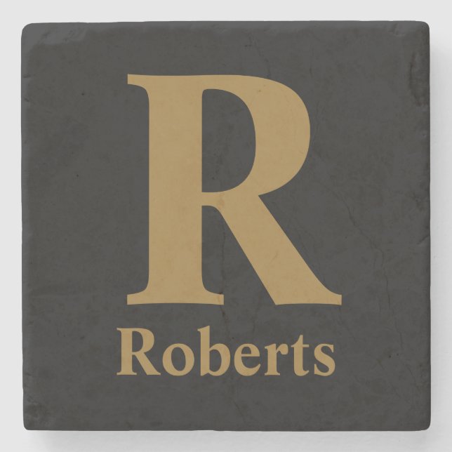 Custom Gold Initial/First/Family Name On Black Stone Coaster (Front)