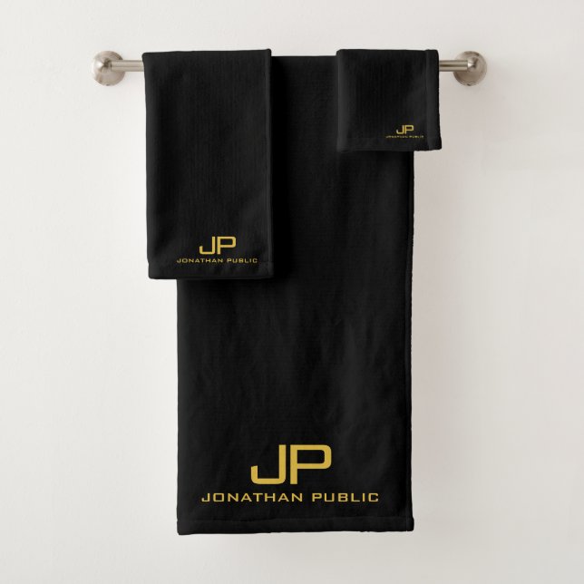 Custom Gold Initial Monogram Name Black Template Bath Towel Set (Insitu)