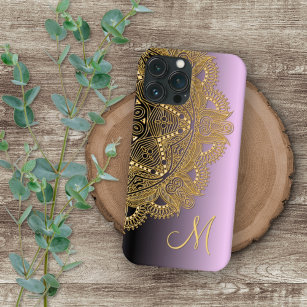 Custom Gold Mandala Art Pattern On Pink Purple iPhone 15 Plus Case